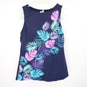 Lands' End Navy Blue Purple Floral Tropical Sleeveless Tankini Swim Top Size 4 N